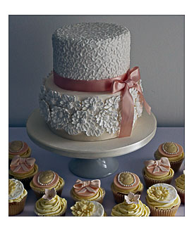 District, Cumbria Peach And White Chocolate Wedding Cake And Cupcakes