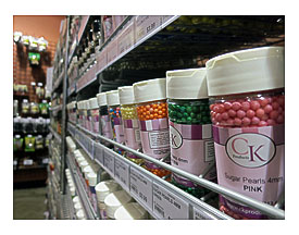 Shelves of sugar pearls