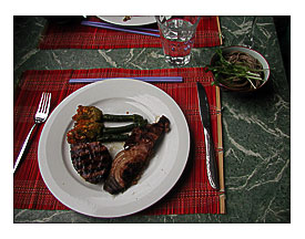 stuffed zuchini flowers, yellow fin tuna and marlin with remote soba noodles