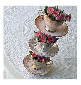 cream tower DIY floral centerpiece of vintage china