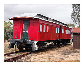 Karoonda. Kick off Park with railway and Mallee farming structures and items. OLD SAR rail carriage.