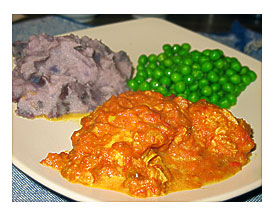 Chicken Tikka Masala, Purple Mashed Potatoes and Peas